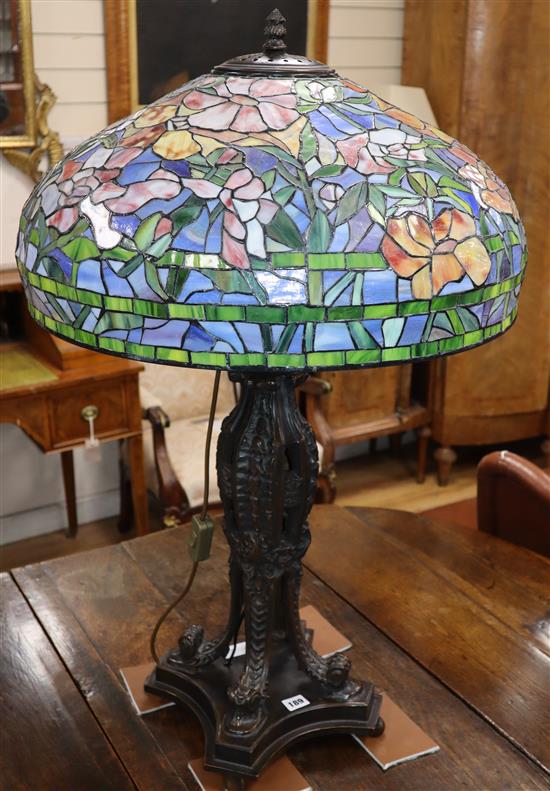 A large Tiffany style bronze and stained glass table lamp height approx. 90cm